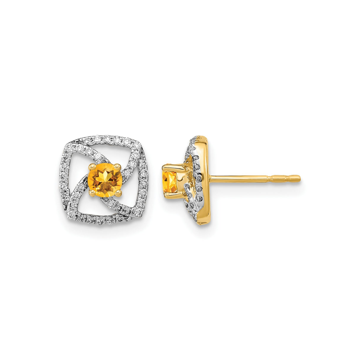 14k Yellow Gold Stud Earrings with Round Citrine and Diamond Accents, Cushion Halo Design