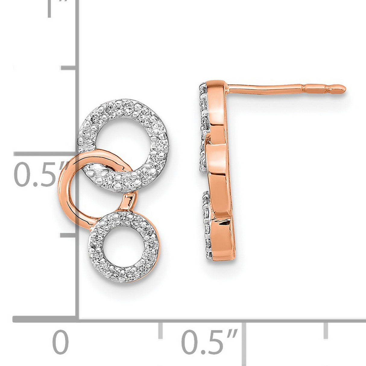 14k Rose Gold Stud Earrings with Pavé Diamonds, Interlocking Open Circles Design