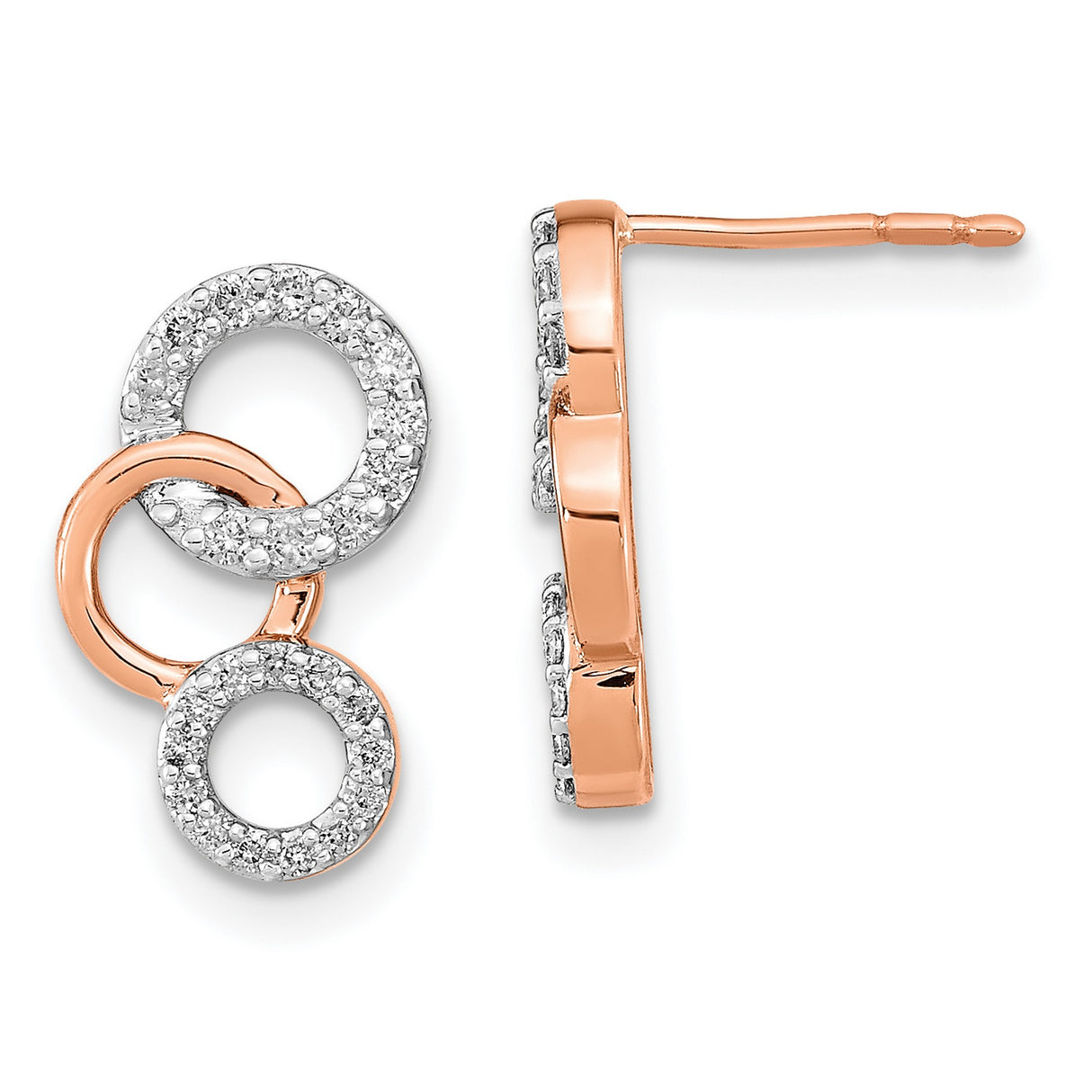 14k Rose Gold Stud Earrings with Pavé Diamonds, Interlocking Open Circles Design