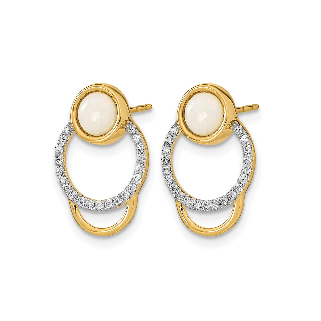 14k Yellow Gold Stud Earrings with Round White Opal and Diamond Accents, Double Circle Design
