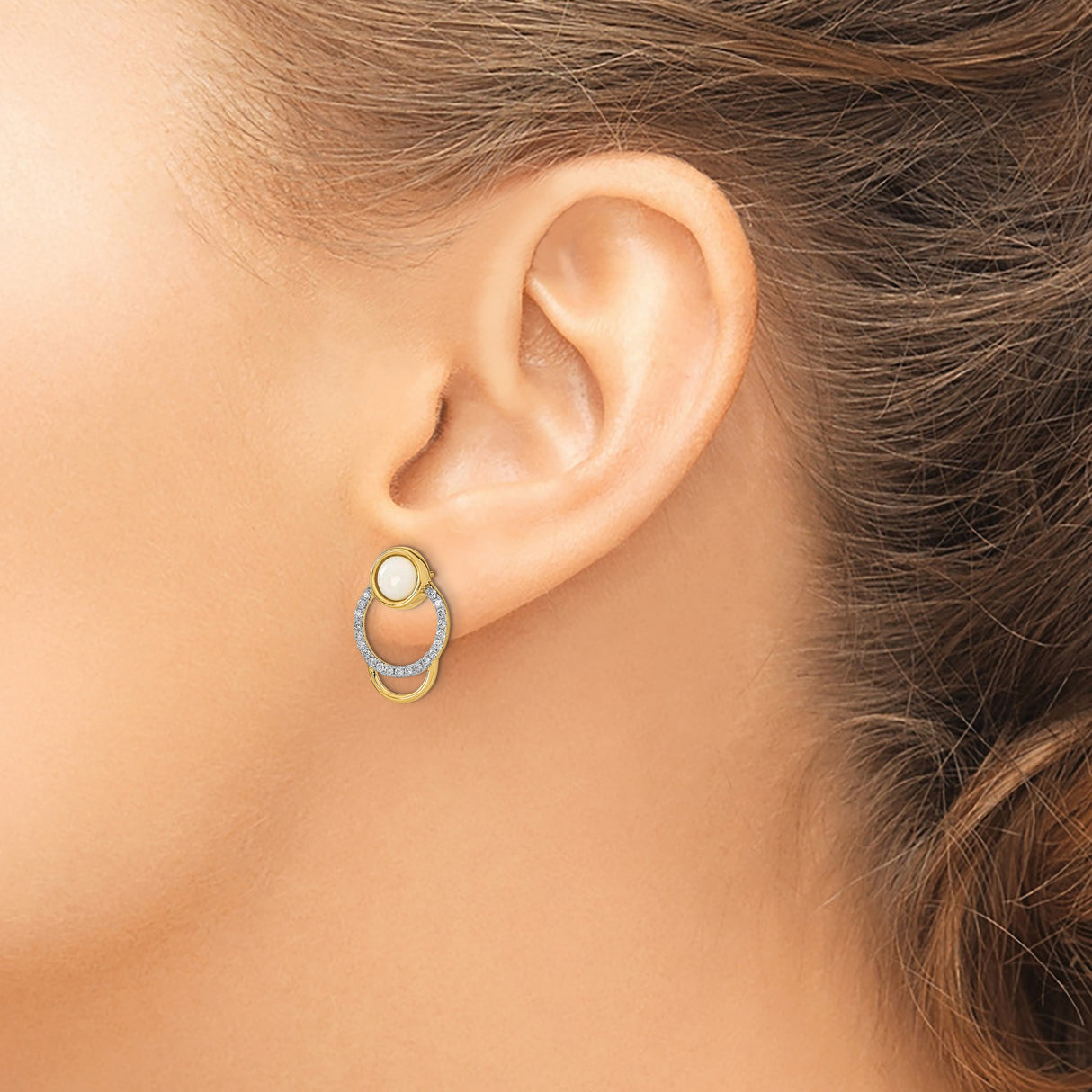 14k Yellow Gold Stud Earrings with Round White Opal and Diamond Accents, Double Circle Design