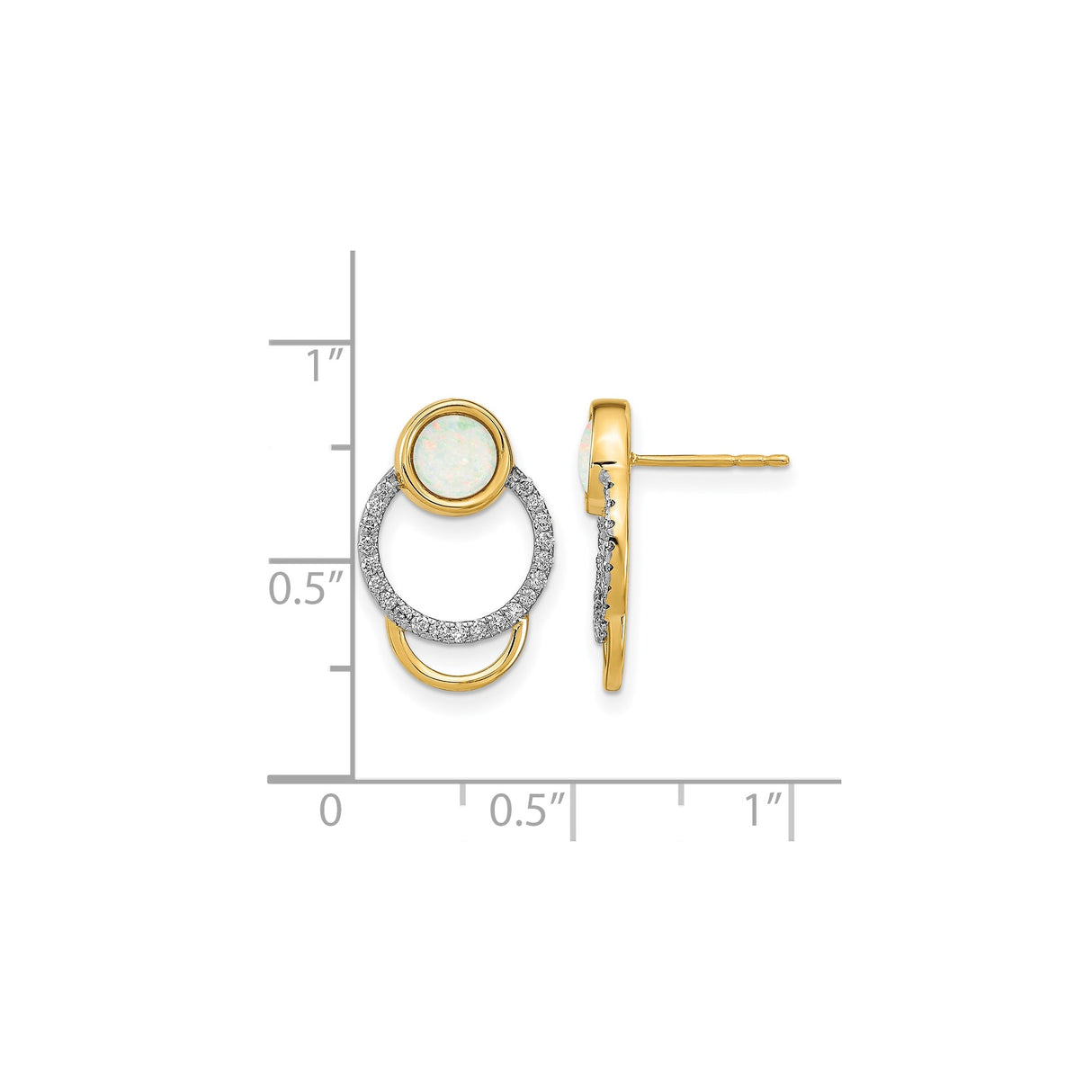 14k Yellow Gold Stud Earrings with Round White Opal and Diamond Accents, Double Circle Design
