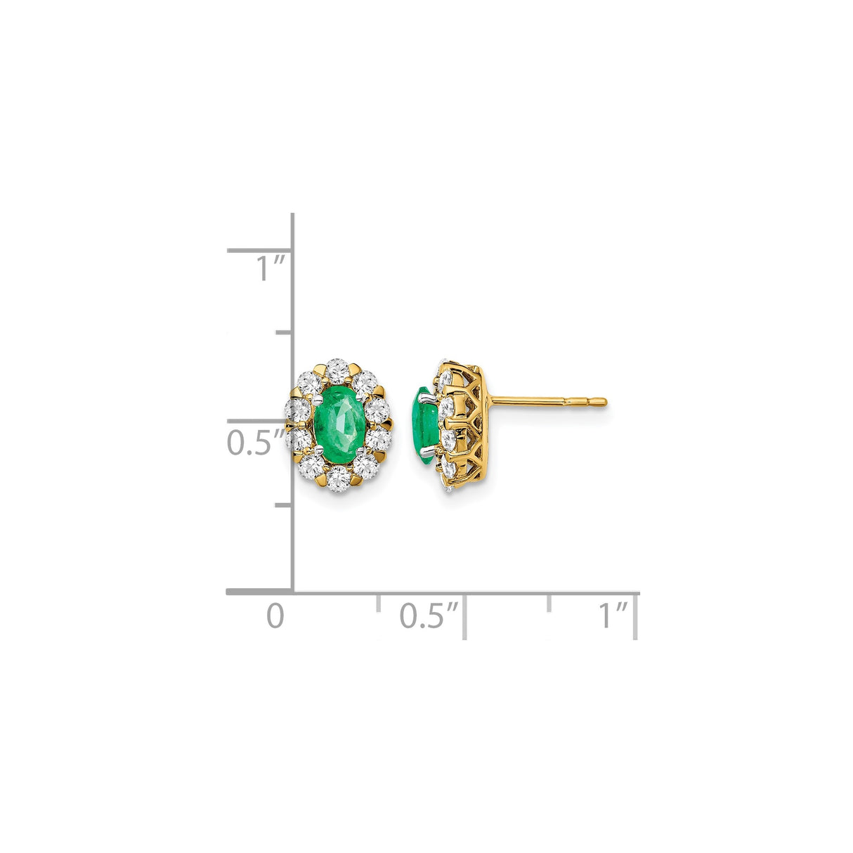 14k Yellow Gold Stud Earrings with Oval Emerald and Diamond Halo, Vintage Floral Style