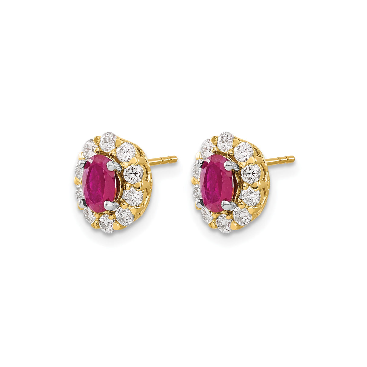 14k Yellow Gold Ruby Stud Earrings with Diamond Halo in Floral Cluster Design for Women