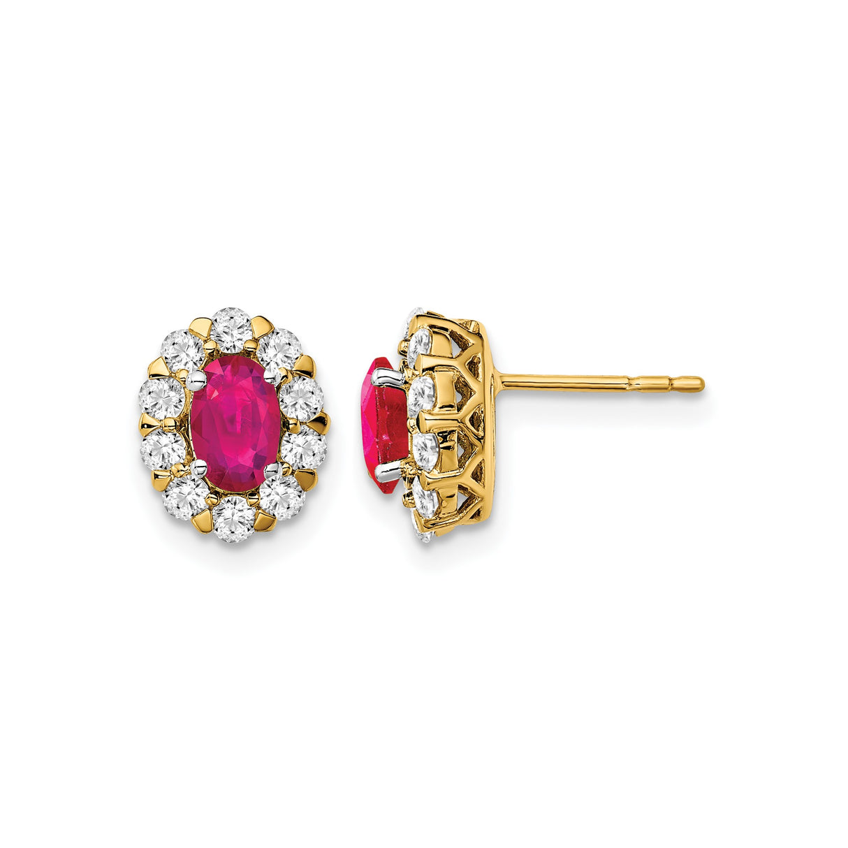 14k Yellow Gold Ruby Stud Earrings with Diamond Halo in Floral Cluster Design for Women