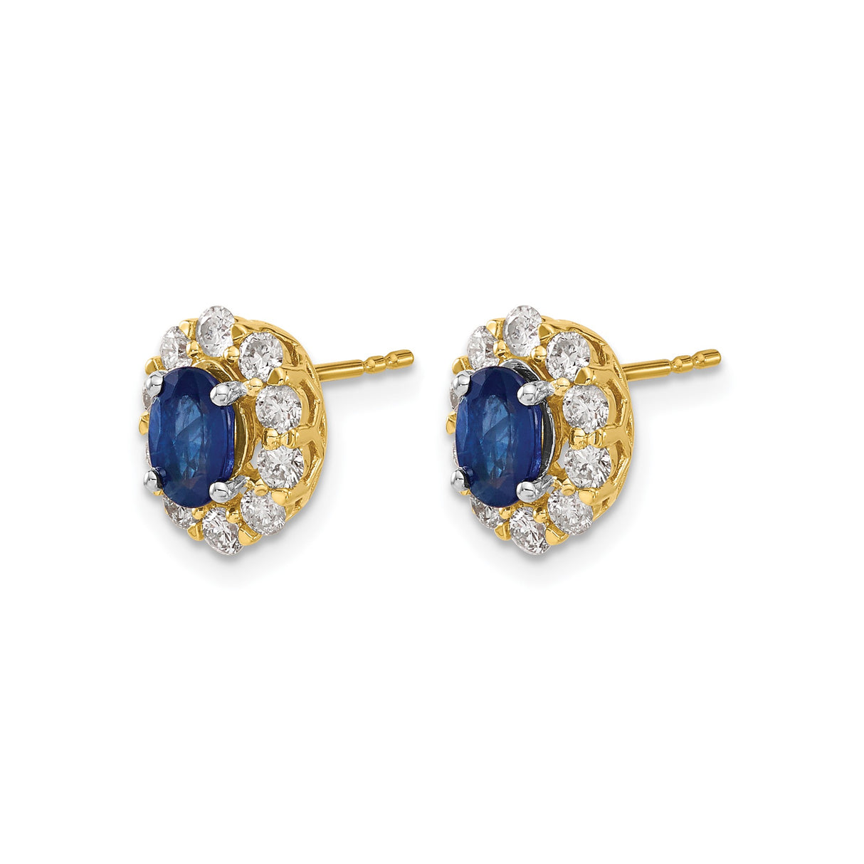 14k Yellow Gold Stud Earrings with Oval Sapphire Center and Diamond Halo Cluster Design