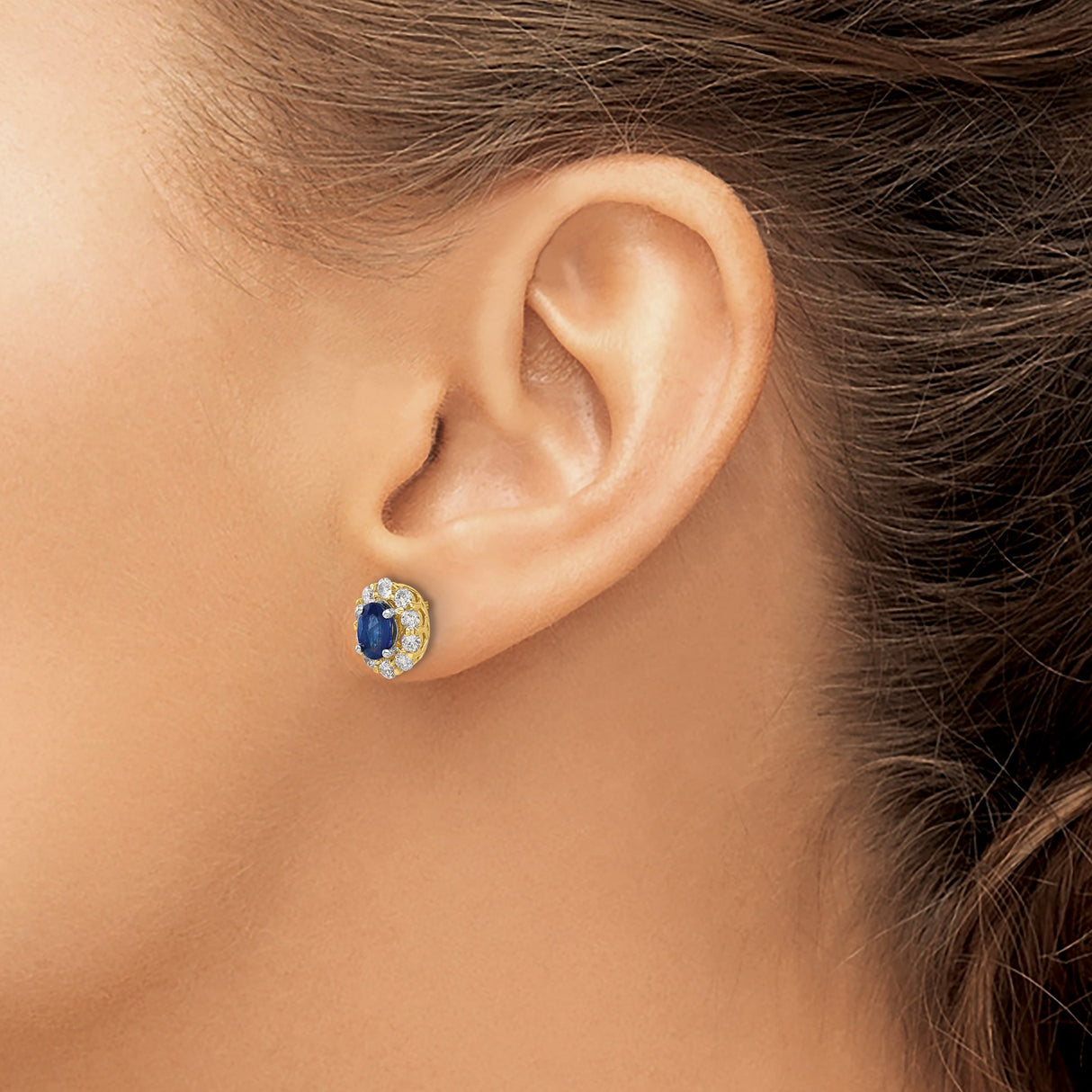 14k Yellow Gold Stud Earrings with Oval Sapphire Center and Diamond Halo Cluster Design