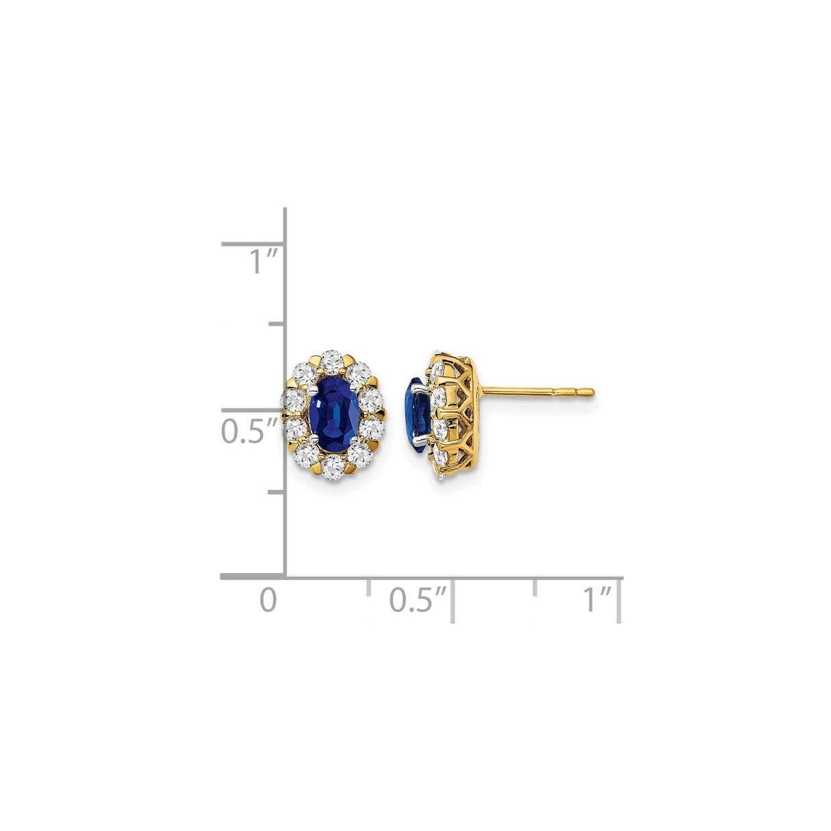 14k Yellow Gold Stud Earrings with Oval Sapphire Center and Diamond Halo Cluster Design