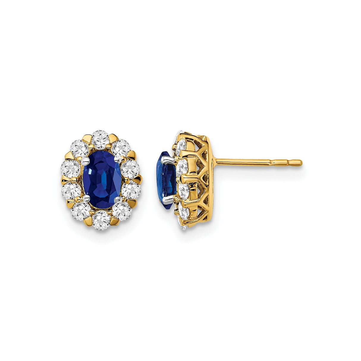 14k Yellow Gold Stud Earrings with Oval Sapphire Center and Diamond Halo Cluster Design