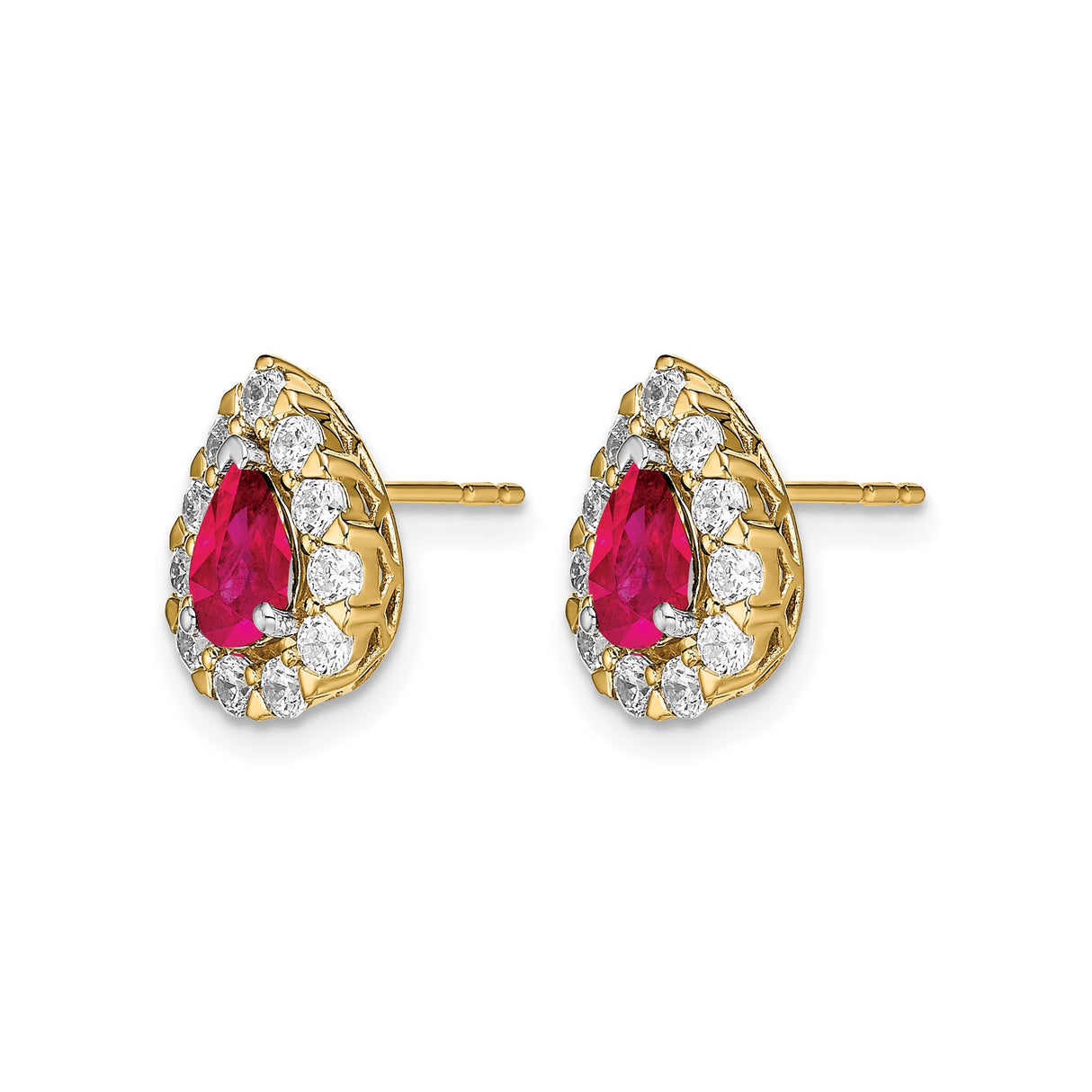 14k Yellow Gold Teardrop Stud Earrings with Ruby and Diamond Halo