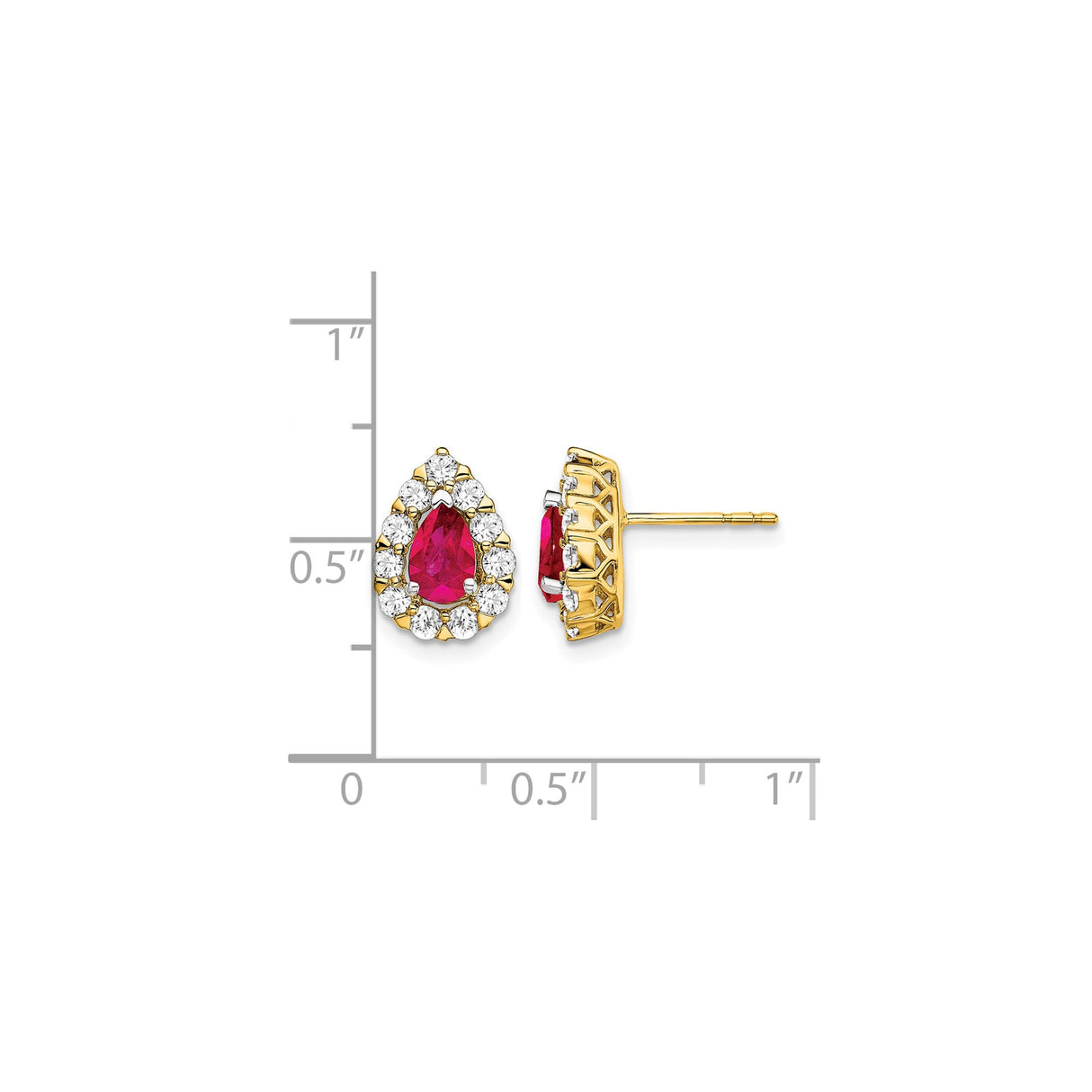 14k Yellow Gold Teardrop Stud Earrings with Ruby and Diamond Halo