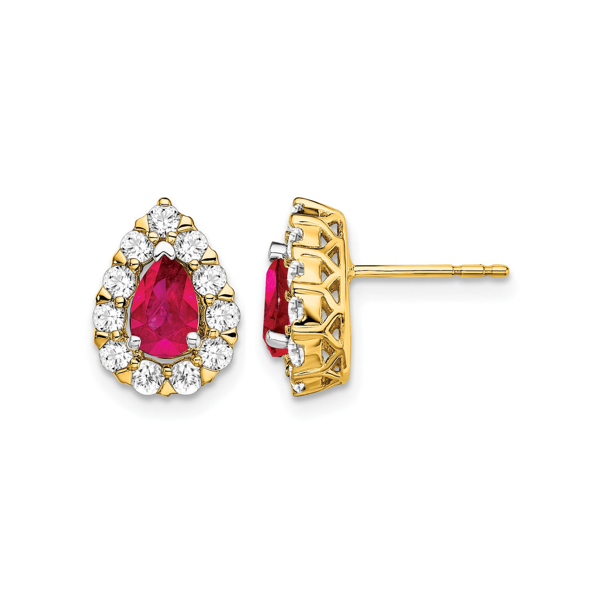 14k Yellow Gold Teardrop Stud Earrings with Ruby and Diamond Halo