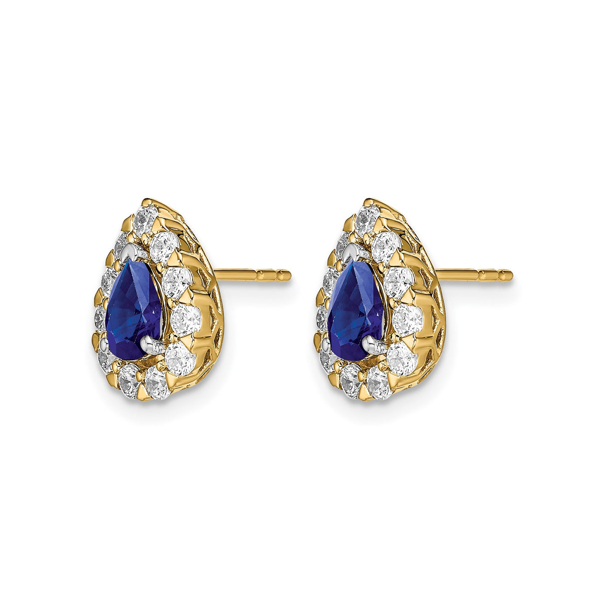 14k Yellow Gold Teardrop Stud Earrings with Sapphire Center and Diamond Halo