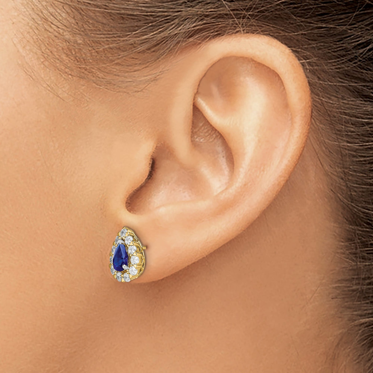 14k Yellow Gold Teardrop Stud Earrings with Sapphire Center and Diamond Halo