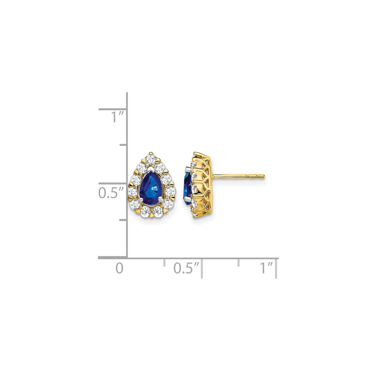 14k Yellow Gold Teardrop Stud Earrings with Sapphire Center and Diamond Halo