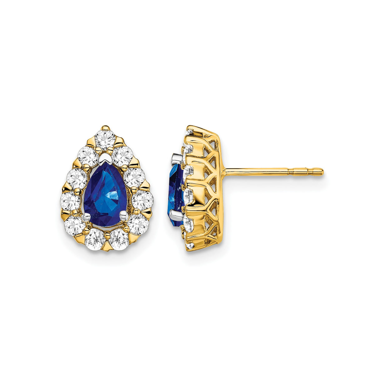 14k Yellow Gold Teardrop Stud Earrings with Sapphire Center and Diamond Halo