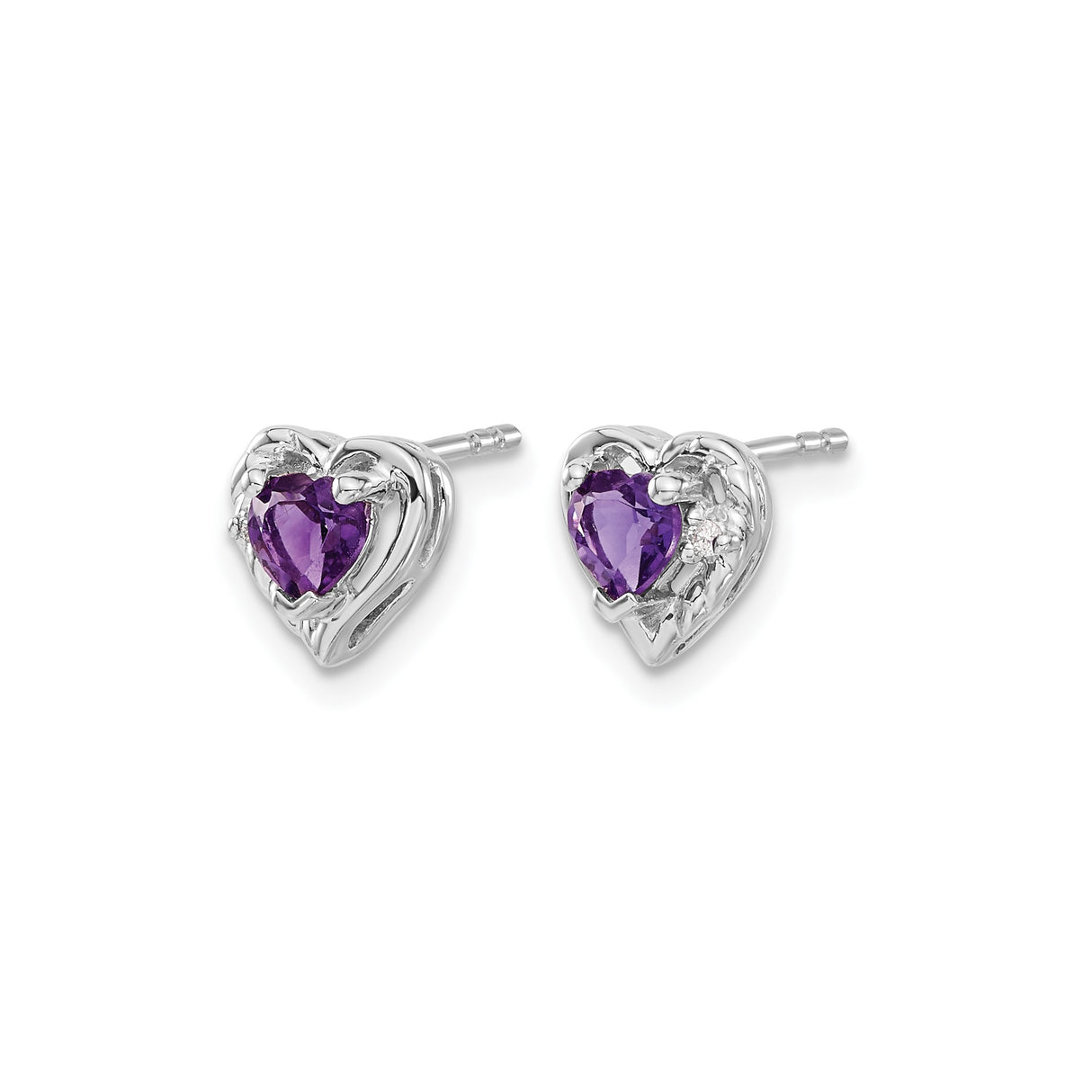14k White Gold Heart Shaped Amethyst Stud Earrings with Diamonds, Romantic Jewelry for Women
