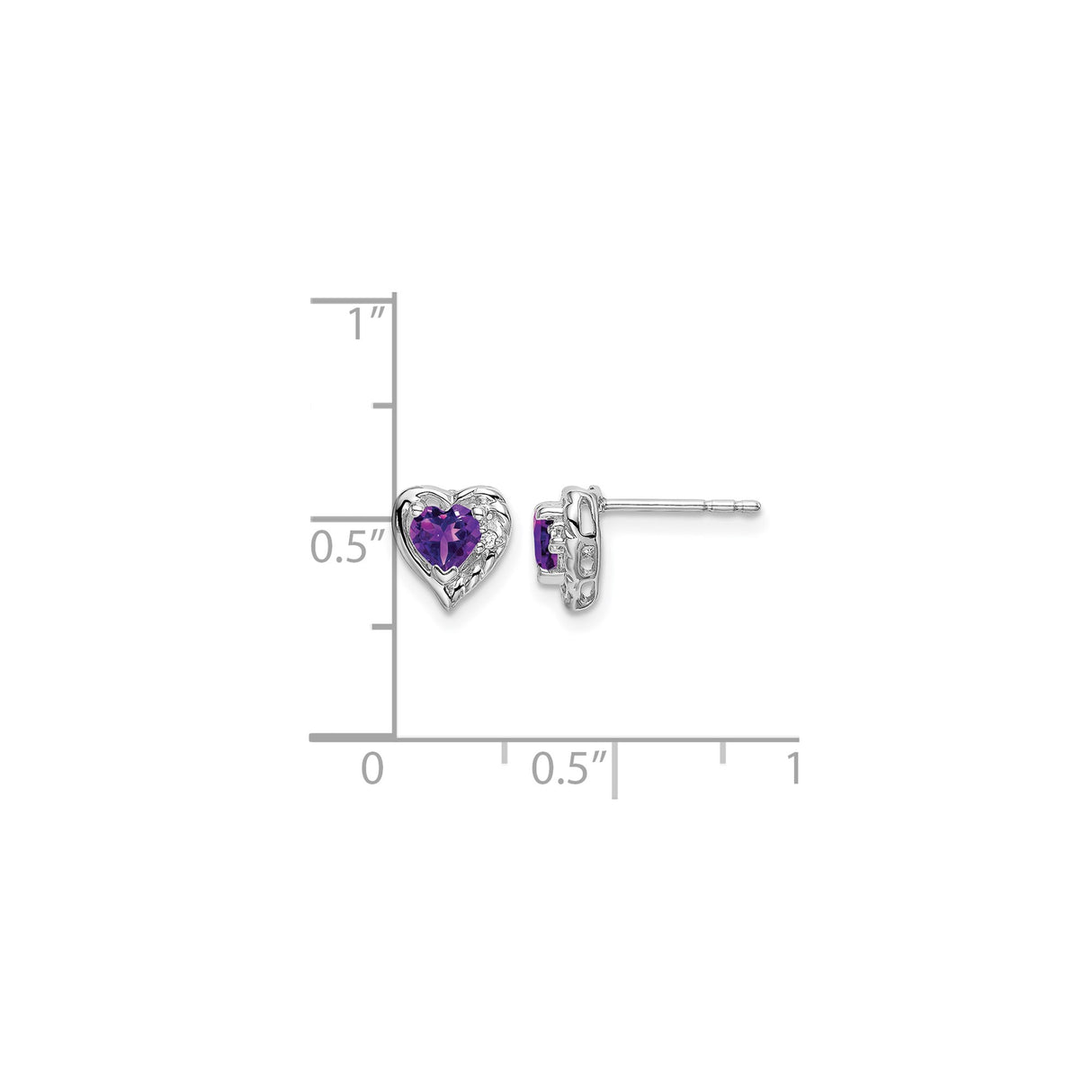 14k White Gold Heart Shaped Amethyst Stud Earrings with Diamonds, Romantic Jewelry for Women