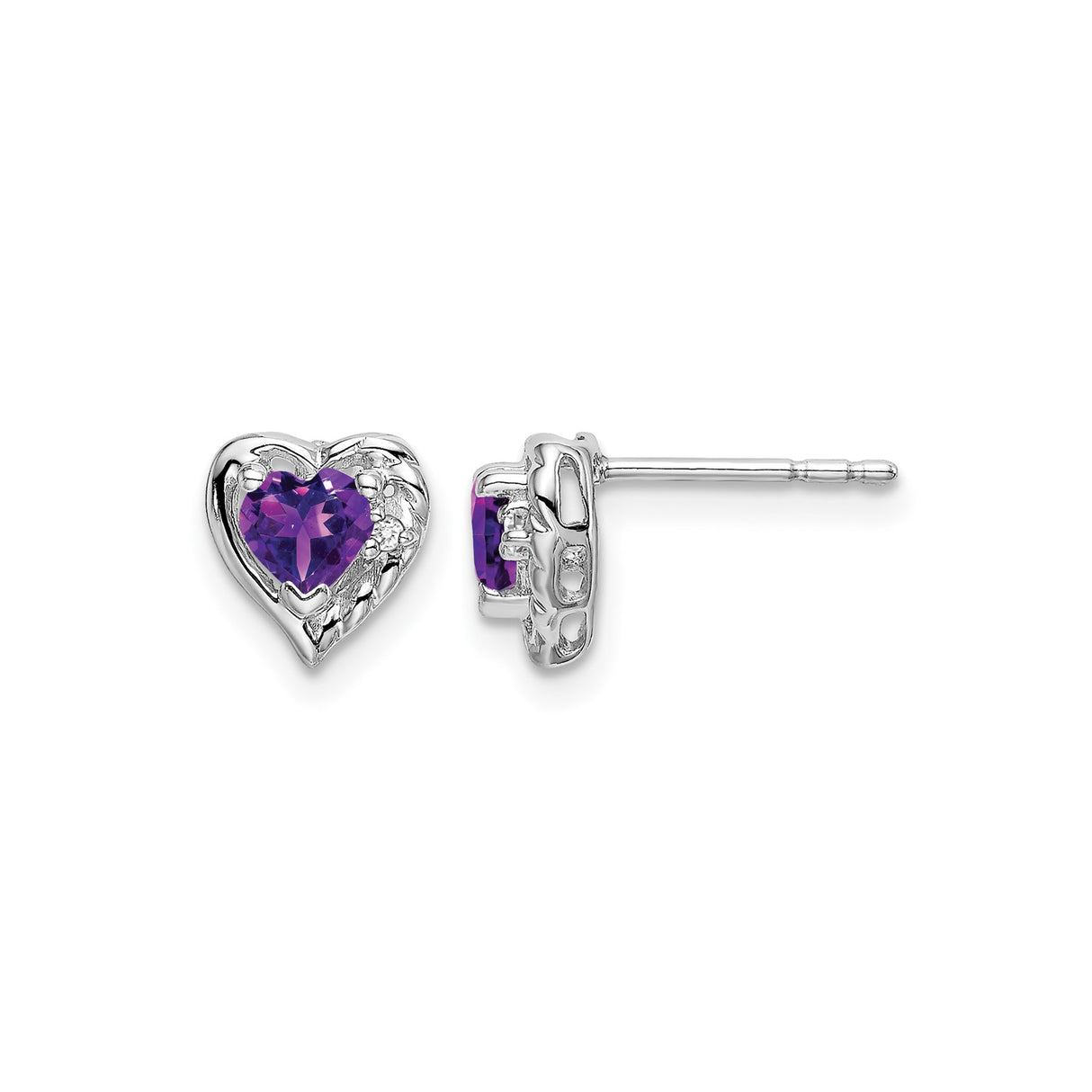 14k White Gold Heart Shaped Amethyst Stud Earrings with Diamonds, Romantic Jewelry for Women