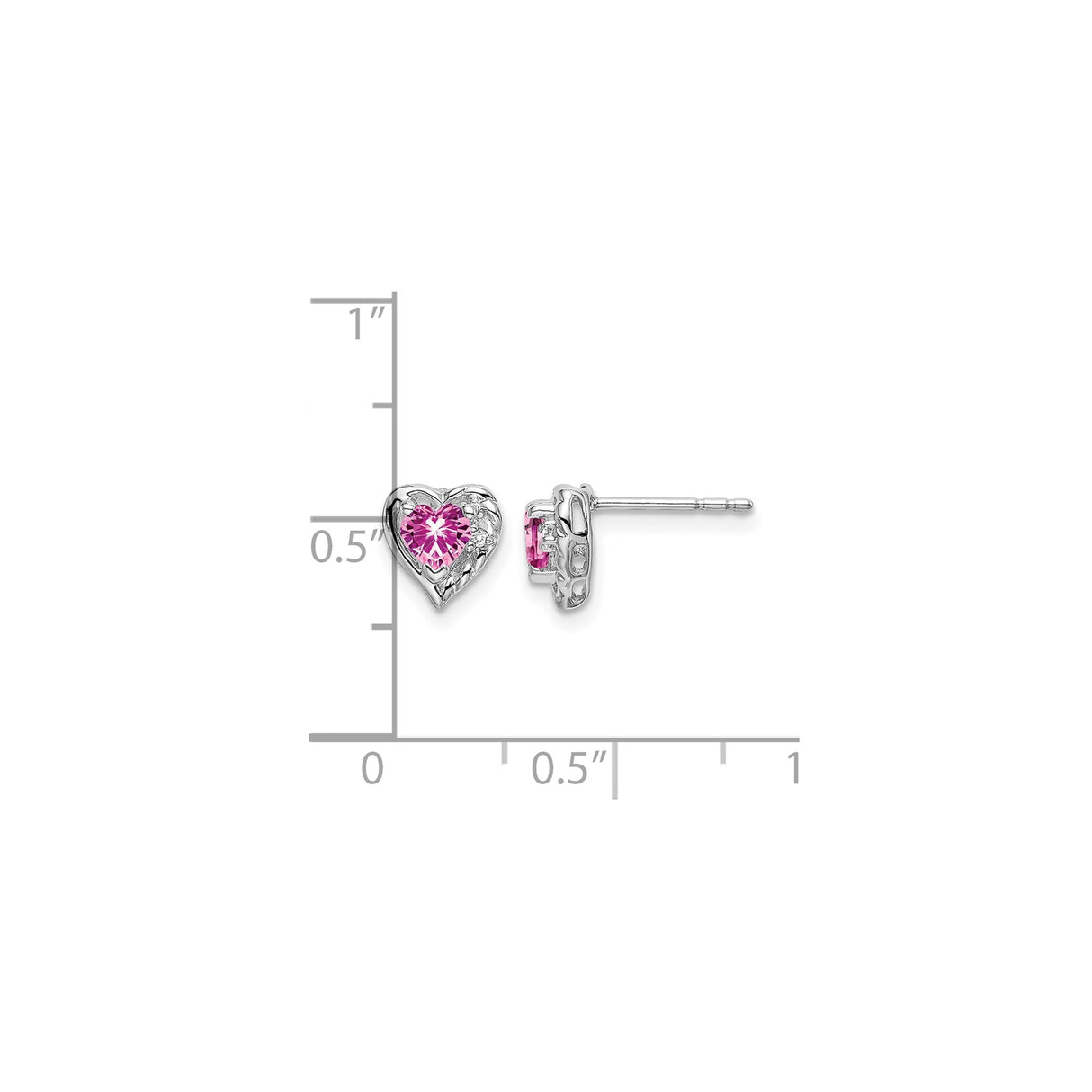 14k White Gold Heart Stud Earrings with Created Pink Sapphire and Diamond Accents
