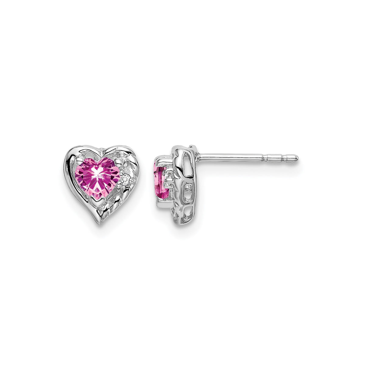 14k White Gold Heart Stud Earrings with Created Pink Sapphire and Diamond Accents
