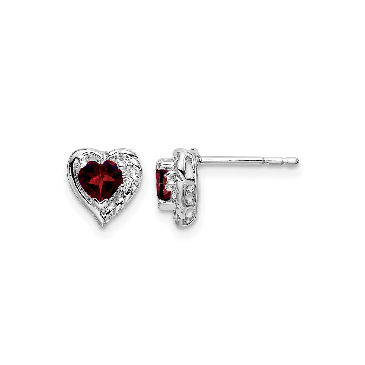 14k White Gold Heart Stud Earrings with Garnet and Diamond Accents