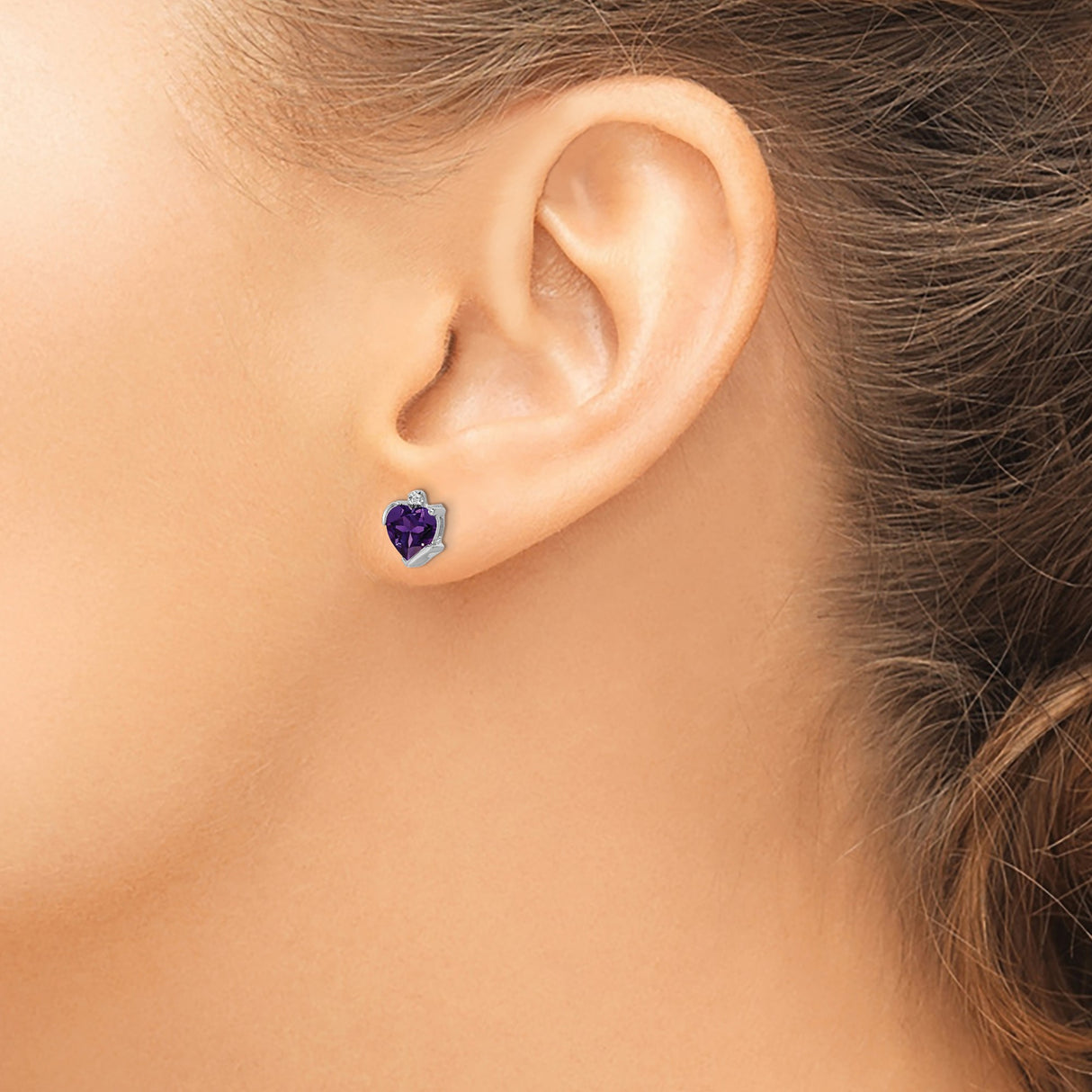 14k White Gold Heart Amethyst Stud Earrings with Diamond Accent