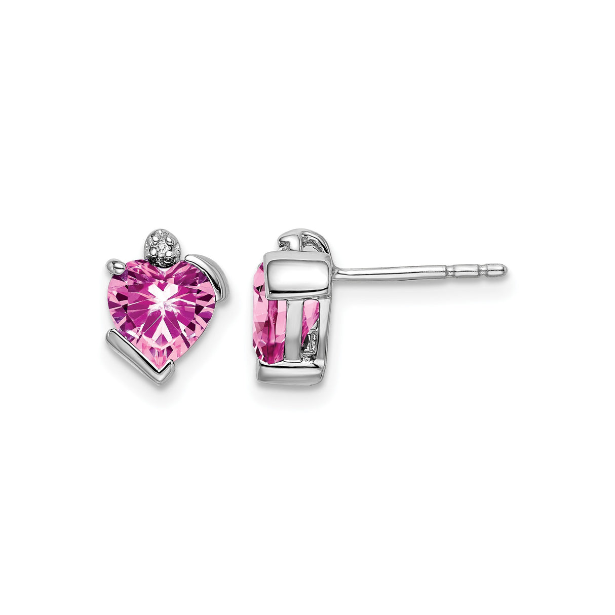 14k White Gold Angel Heart Stud Earrings with Created Pink Sapphire and Diamond Accents