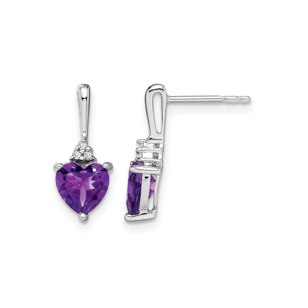 10k White Gold Heart Stud Earrings with Amethyst and Diamond Accents for Women