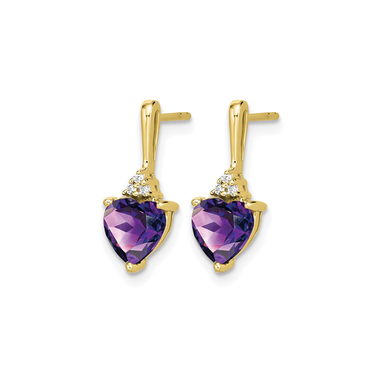 10k Yellow Gold Drop Earrings with Heart Shaped Amethyst and Diamond Accents, Romantic Design