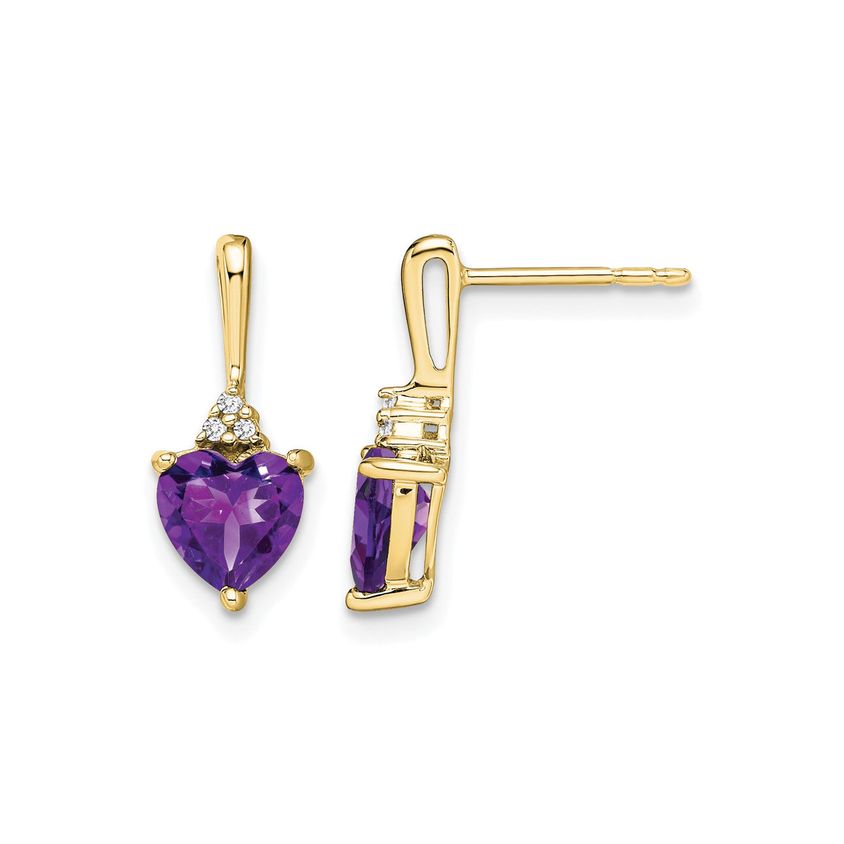 10k Yellow Gold Drop Earrings with Heart Shaped Amethyst and Diamond Accents, Romantic Design