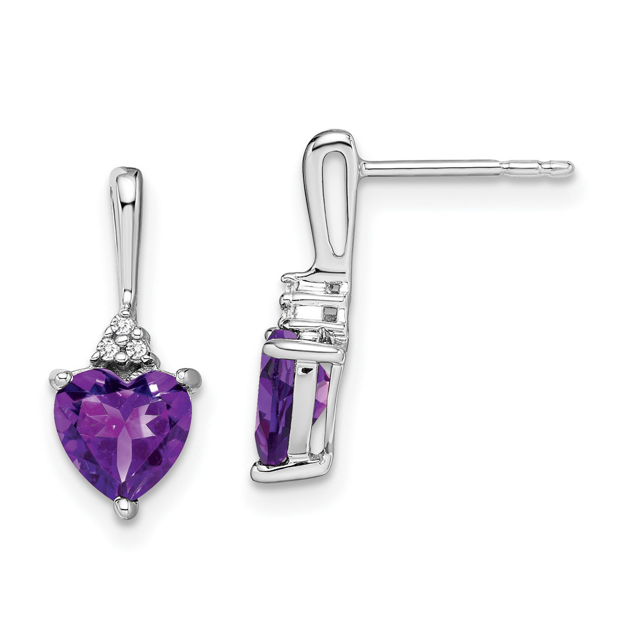 14k White Gold Heart Shaped Amethyst Stud Earrings with Diamond Accents for Women