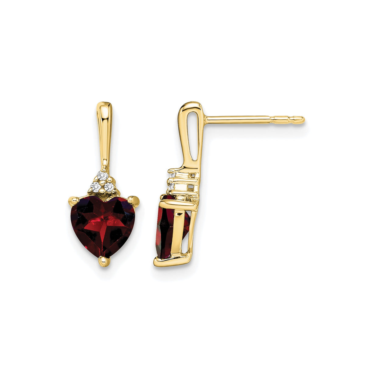 10k Yellow Gold Garnet Heart Stud Earrings with Diamond Accents for Women