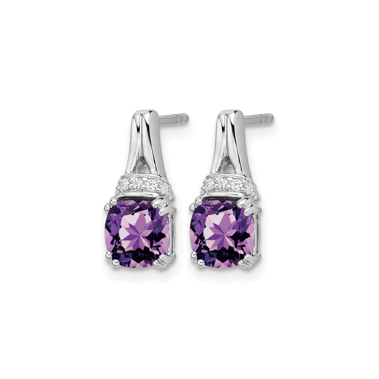 14k White Gold Amethyst Stud Earrings with Diamond Accents, Cushion Cut February Birthstone