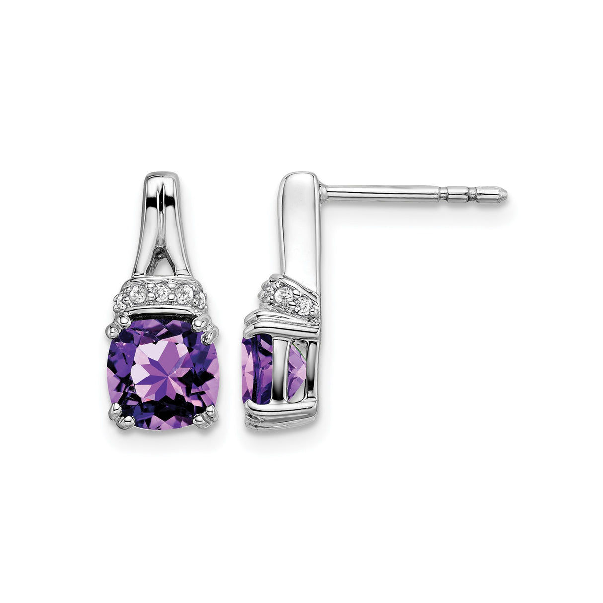14k White Gold Amethyst Stud Earrings with Diamond Accents, Cushion Cut February Birthstone