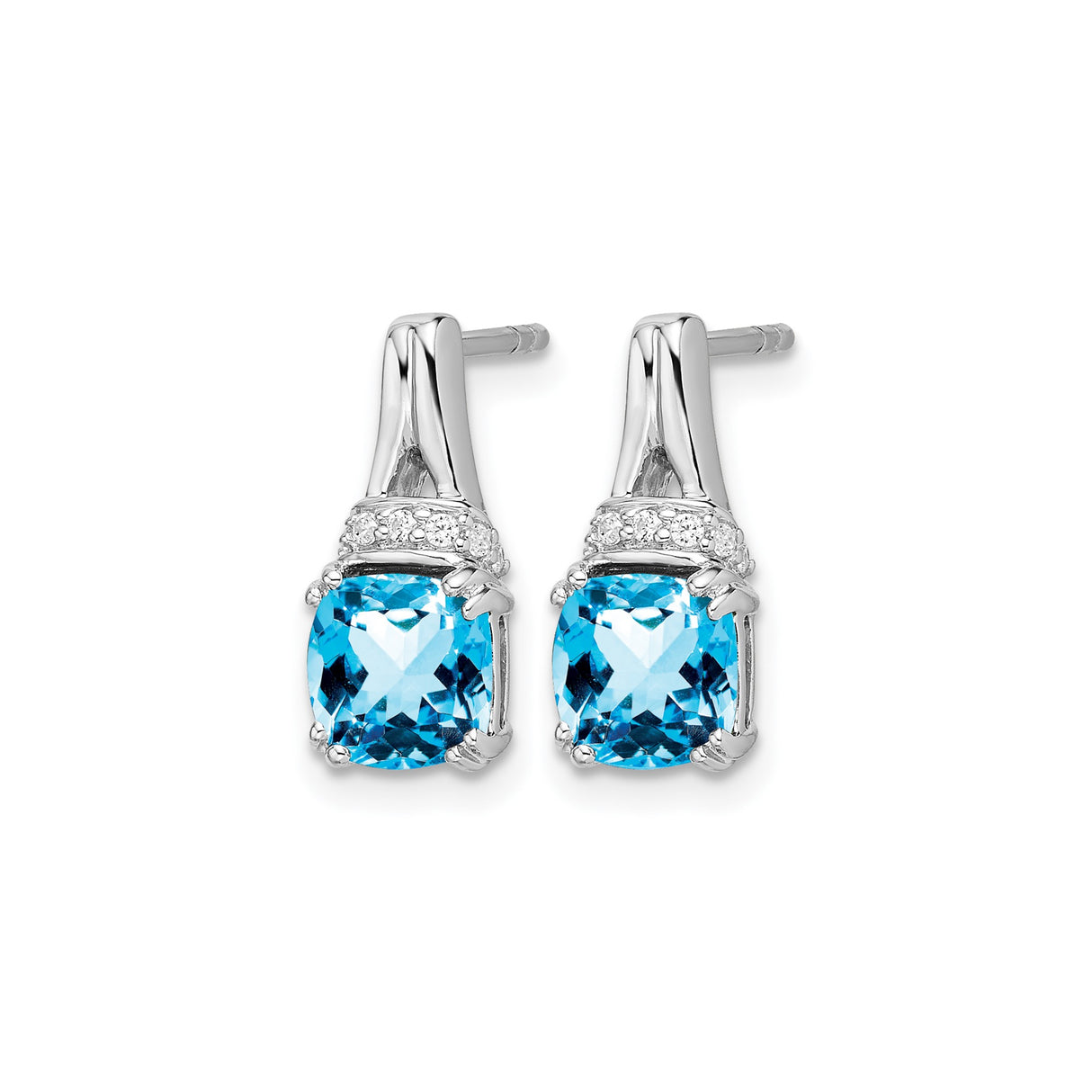10k White Gold Stud Earrings with Swiss Blue Topaz and Diamond Accents, Minimalist Design