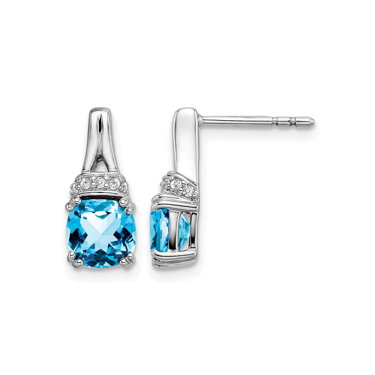 10k White Gold Stud Earrings with Swiss Blue Topaz and Diamond Accents, Minimalist Design