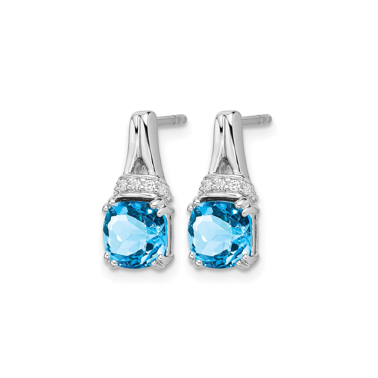 14k White Gold Drop Earrings with Cushion Cut Swiss Blue Topaz and Diamond Accents