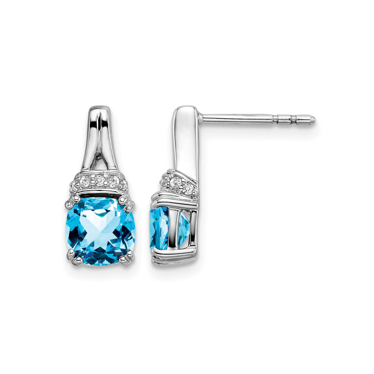 14k White Gold Drop Earrings with Cushion Cut Swiss Blue Topaz and Diamond Accents
