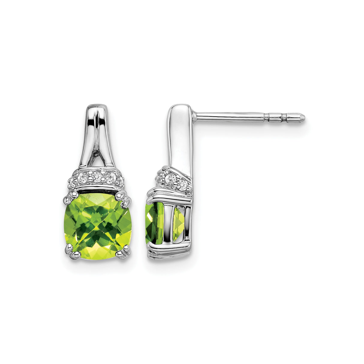 14k White Gold Peridot Stud Earrings with Diamond Accents, August Birthstone Jewelry