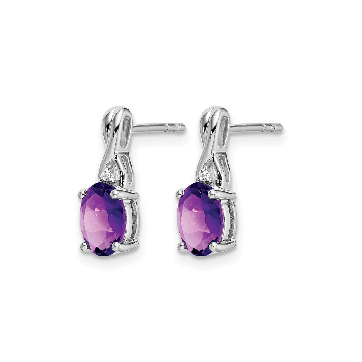 14k White Gold Amethyst Stud Earrings with Diamond Accent and Twisted Design