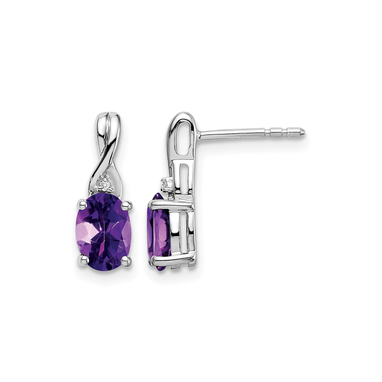 14k White Gold Amethyst Stud Earrings with Diamond Accent and Twisted Design