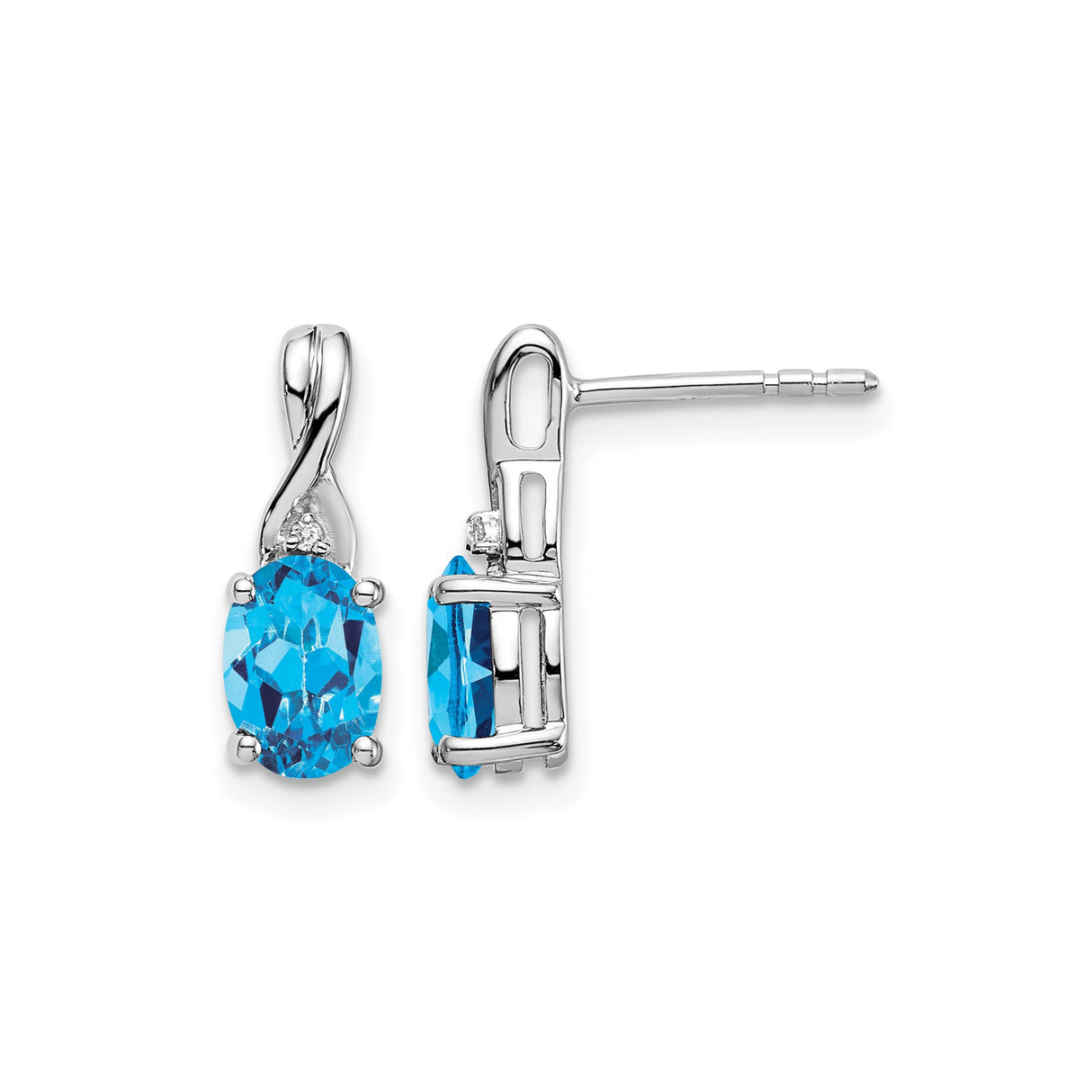 14k White Gold Earrings with Swiss Blue Topaz and Diamond, Twisted Stud Design