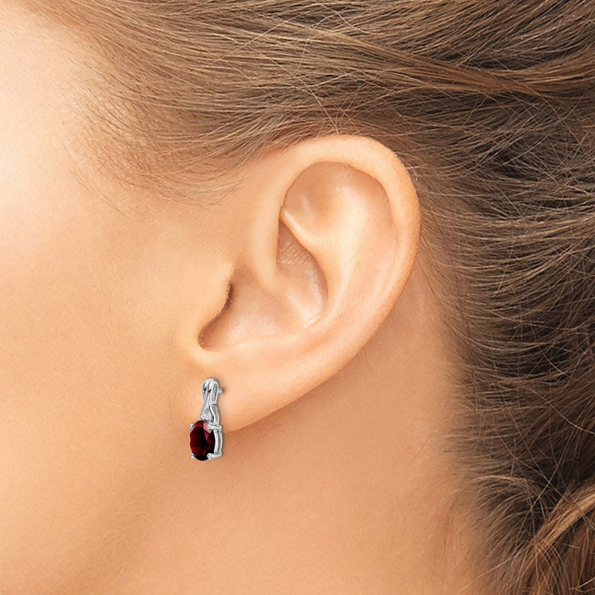 14k White Gold Garnet and Diamond Stud Earrings, Twist Design, January Birthstone Jewelry