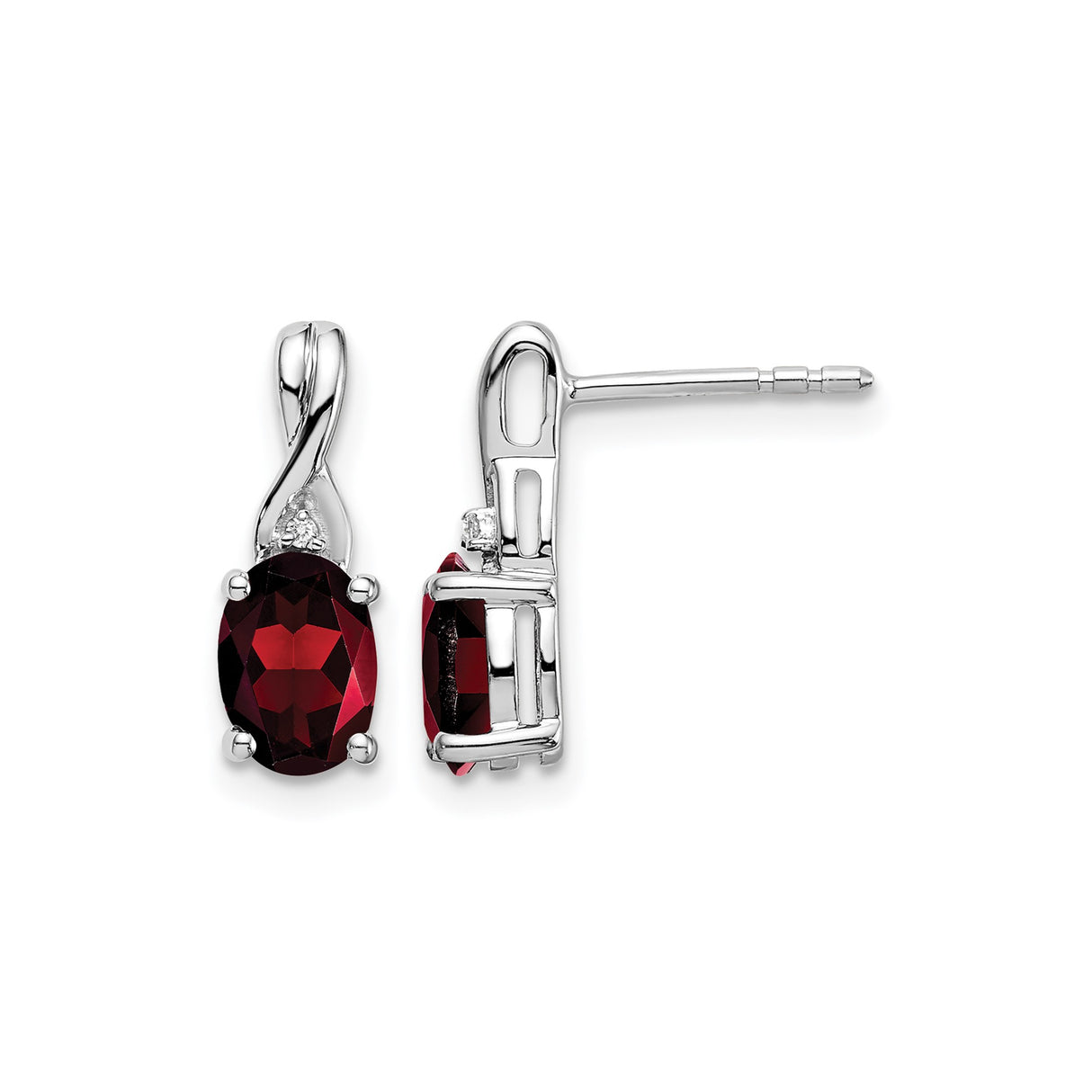 14k White Gold Garnet and Diamond Stud Earrings, Twist Design, January Birthstone Jewelry