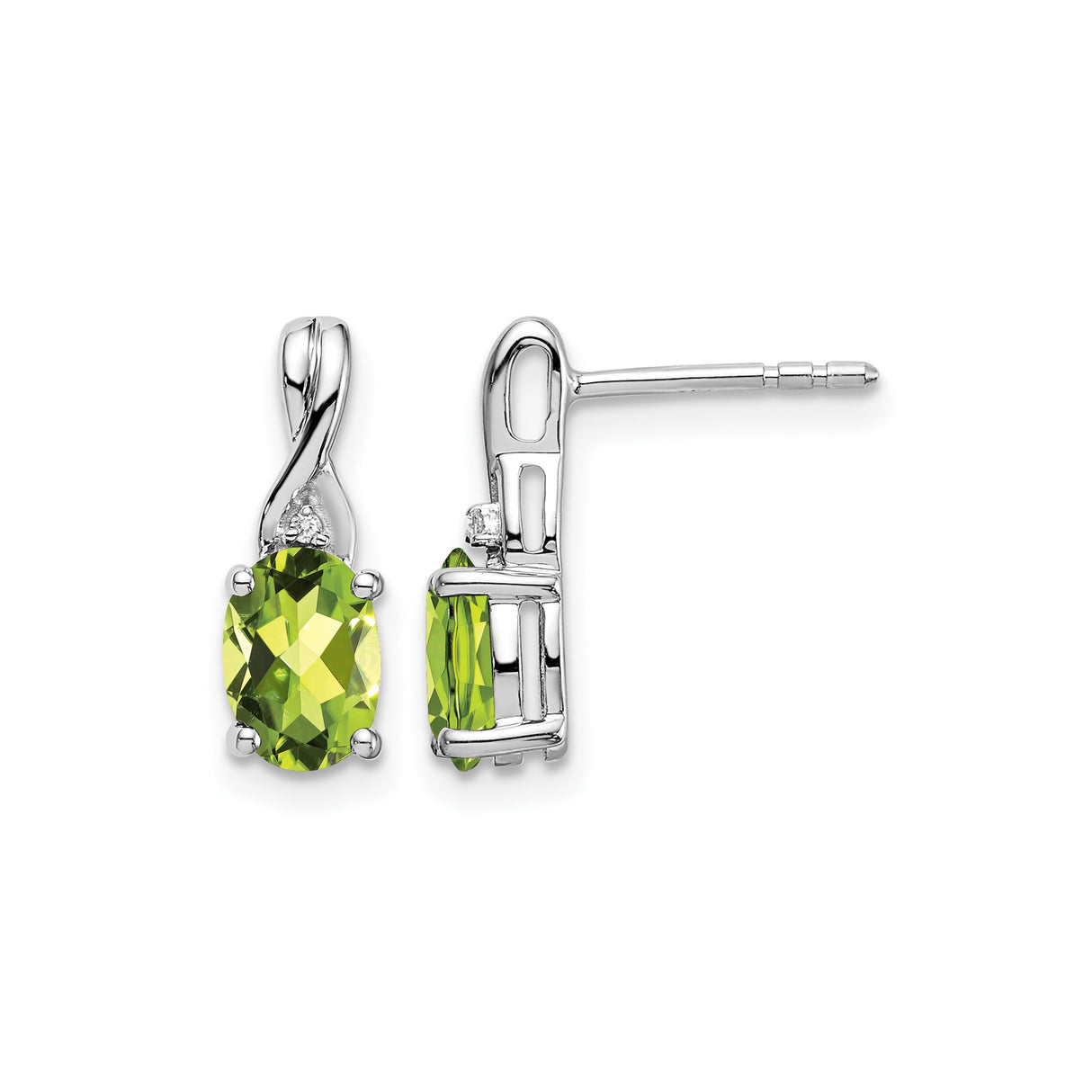14k White Gold Peridot Stud Earrings with Diamond Accents, Twist Setting for Women