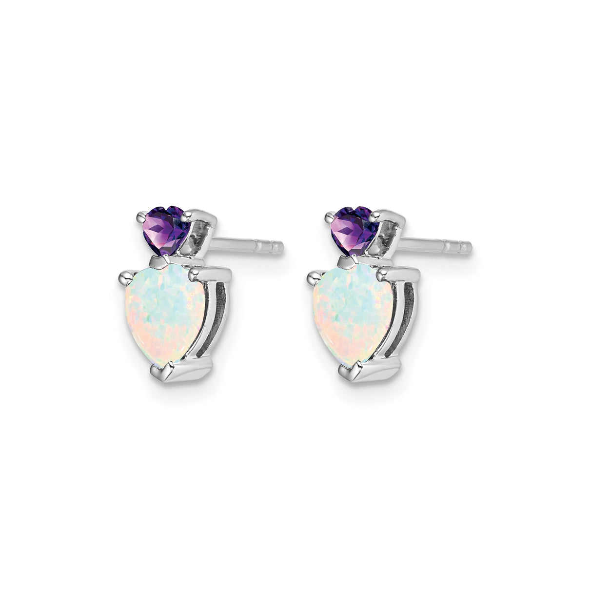 14k White Gold Stud Earrings with Heart Shaped Created Opal and Amethyst Stones
