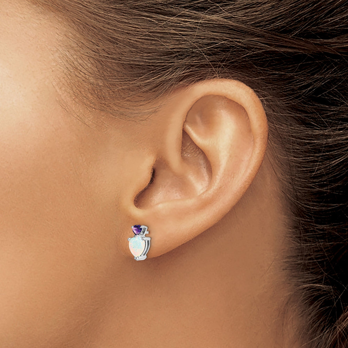 14k White Gold Stud Earrings with Heart Shaped Created Opal and Amethyst Stones