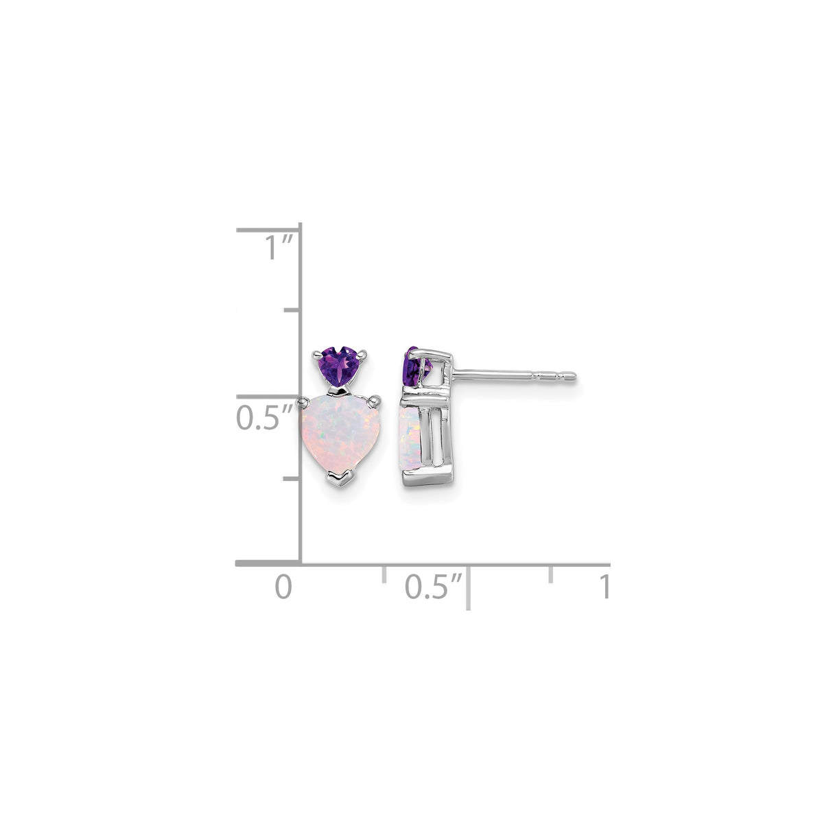 14k White Gold Stud Earrings with Heart Shaped Created Opal and Amethyst Stones
