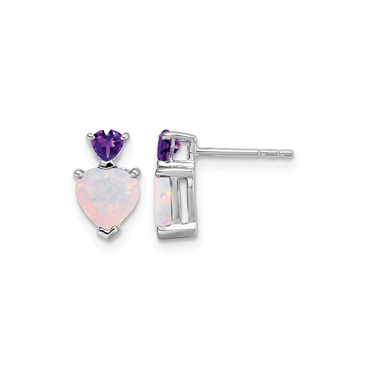 14k White Gold Stud Earrings with Heart Shaped Created Opal and Amethyst Stones
